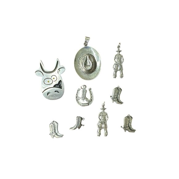 Vintage 925 Mexico Sterling Silver Lot Of 9 Cowboy Western Charms Brooch - Picture 1 of 3